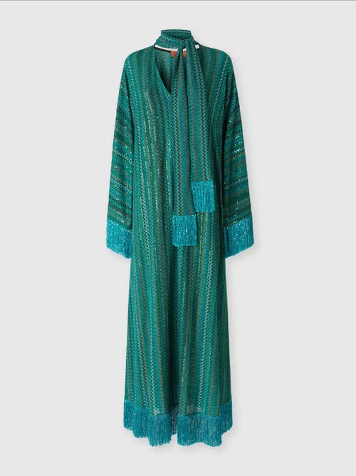 MISSONI MISSONI ZIGZAG KAFTAN WITH SEQUINS AND V-NECK AND REMOVABLE SCARF WITH FRINGES