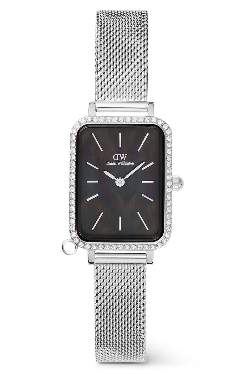 Daniel Wellington Quadro Charm Mesh Strap Watch, 20mm, Main, color, Silver