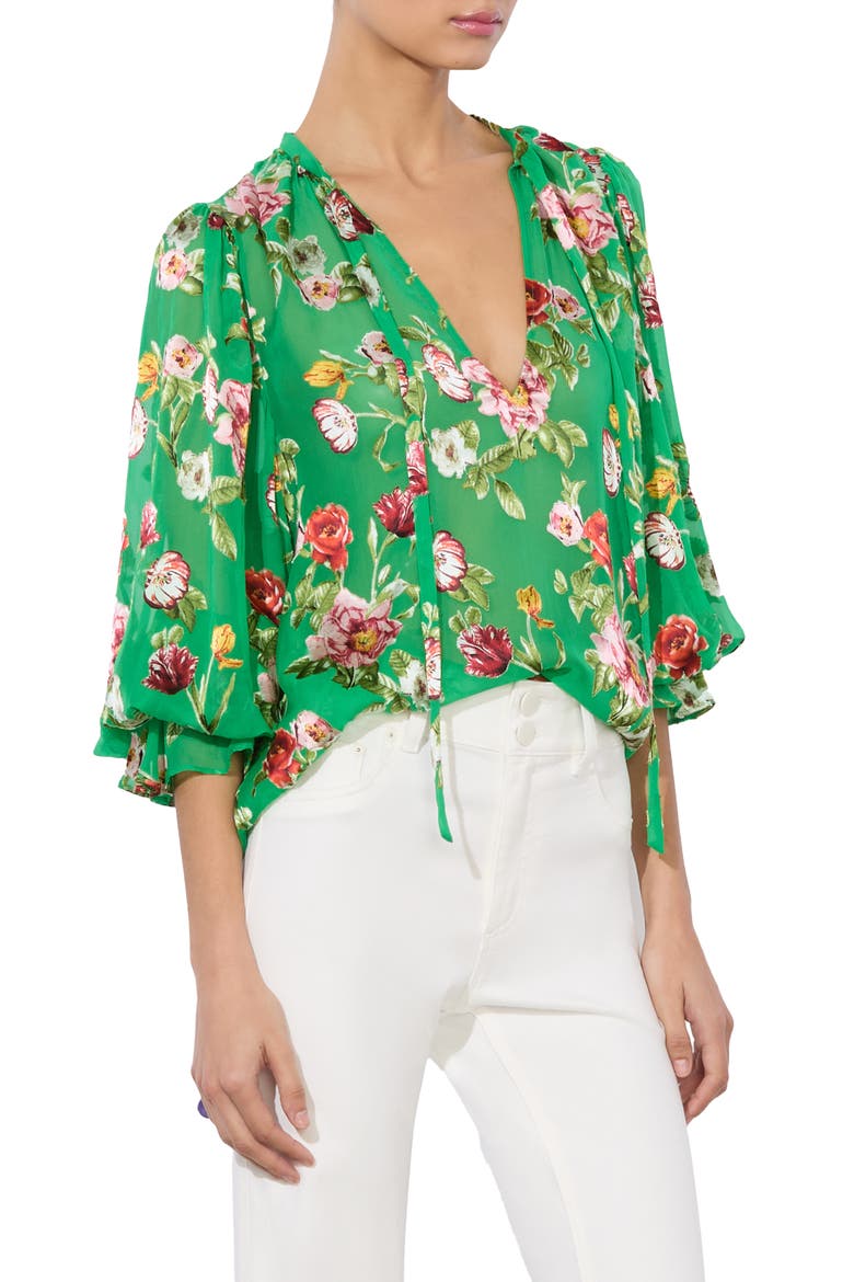 Moranne Floral Print Tie Neck Top, Alternate, color, HAMPTONS FLORAL SMALL