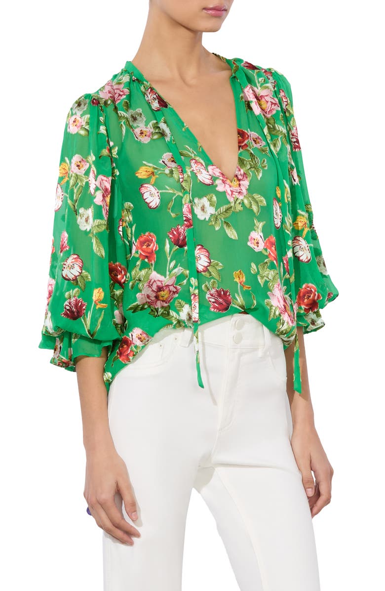 Alice + Olivia Moranne Floral Print Tie Neck Top, Alternate, color, Hamptons Floral Small