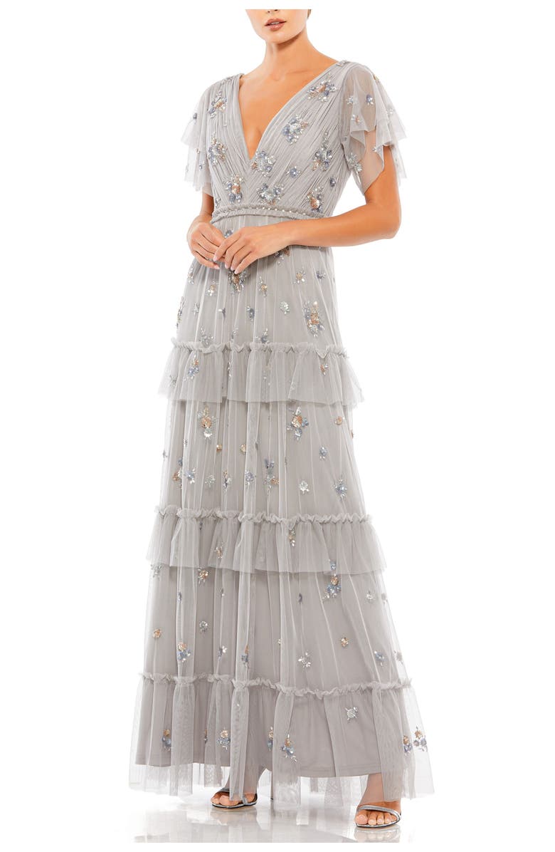 Mac Duggal Ruffle Tiered Embellished Flutter Sleeve Gown, Main, color, Platinum