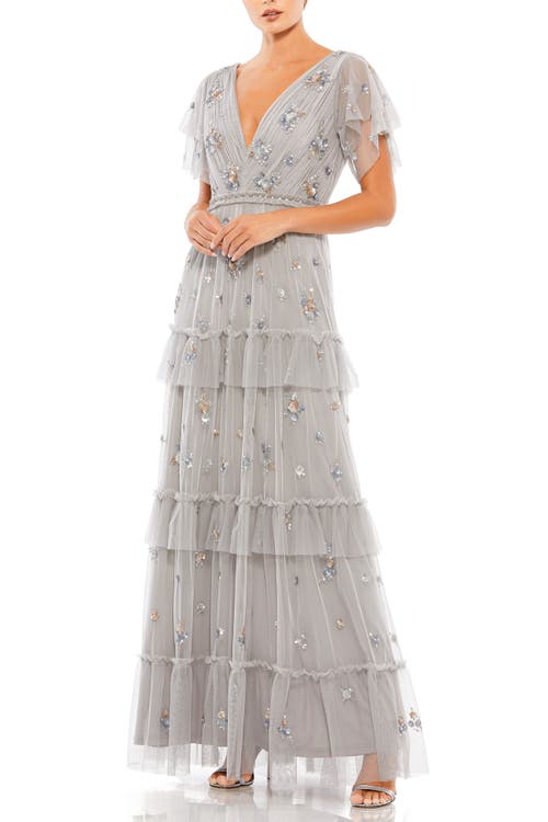 Mac Duggal Sequin-embellished V-neck Ruffle-tiered Gown In Platinum