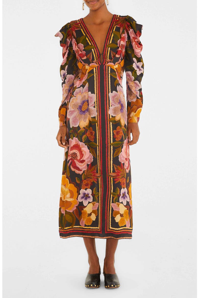 Floral Border Print Long Sleeve Dress, Main, color, CHENILLE FLOWERS BLACK