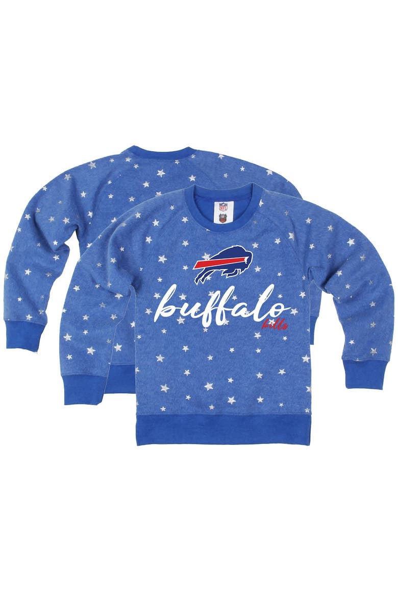 Wes & Willy Girls Youth Wes & Willy  Royal Buffalo Bills Shimmer Star Reverse Fleece Pullover Sweatshirt, Main, color, 