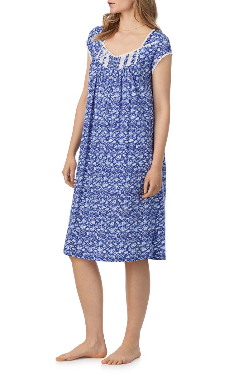 Eileen West Waltz Cap Sleeve Cotton Nightgown, Alternate, color, Navy/ Print