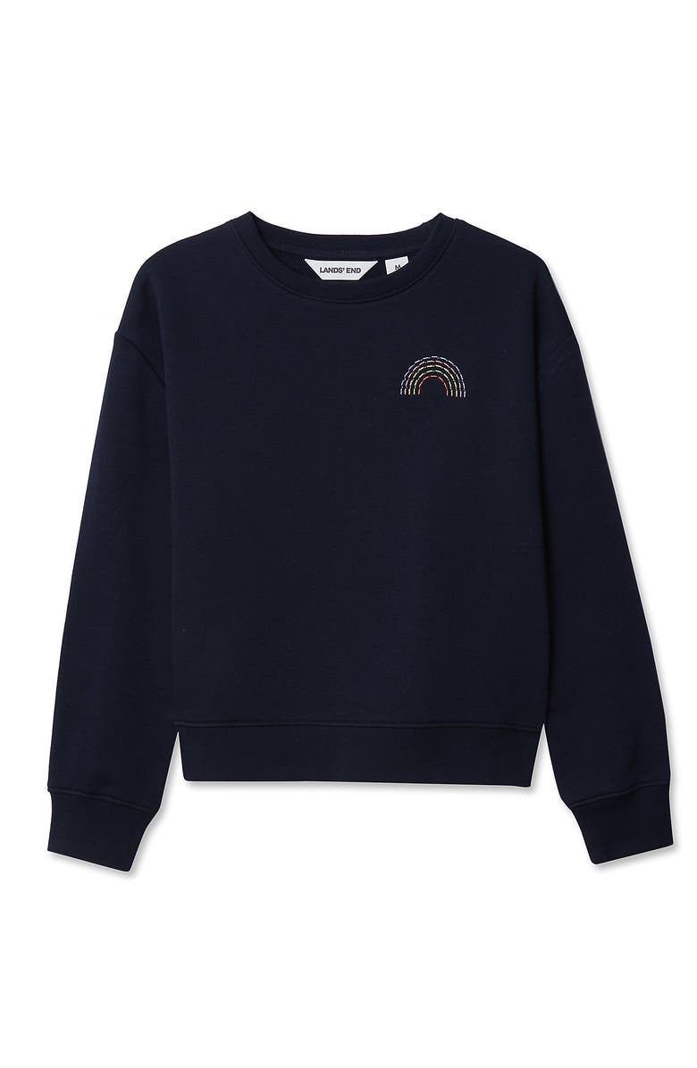 Lands' End Girls Crew Neck Embroidered Sweatshirt, Main, color, Classic Navy Rainbow