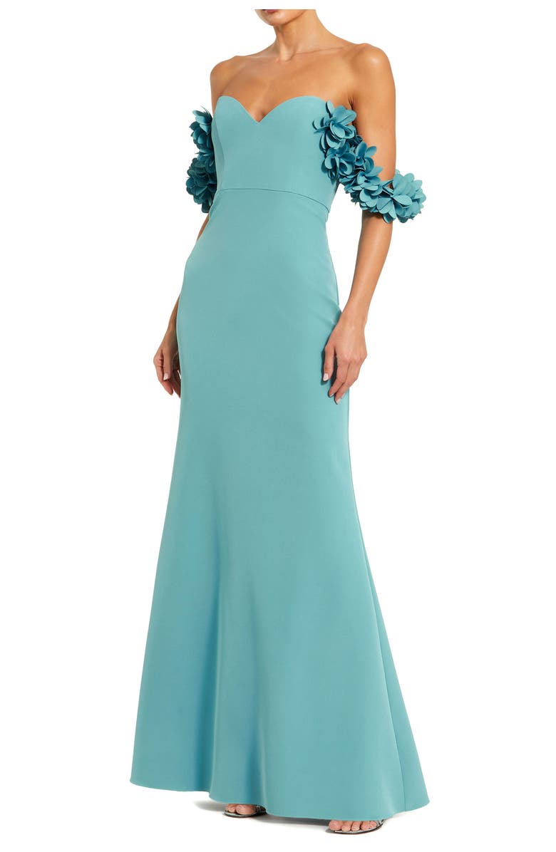 Mac Duggal Off-the-Shoulder Crepe Gown with 3D Floral Appliqué, Main, color, Teal