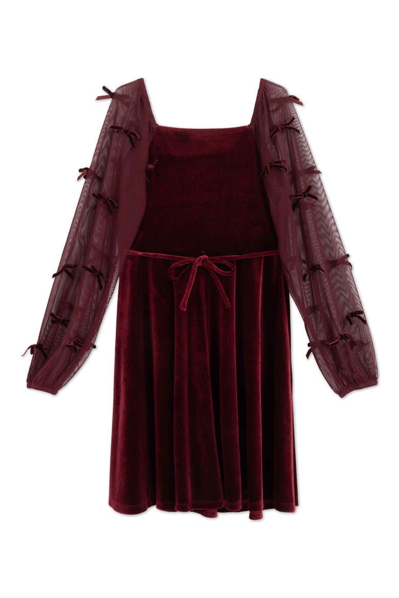 Kids' Bow Detail Sheer Sleeve Velvet Skater Dress, Alternate, color, BURGD