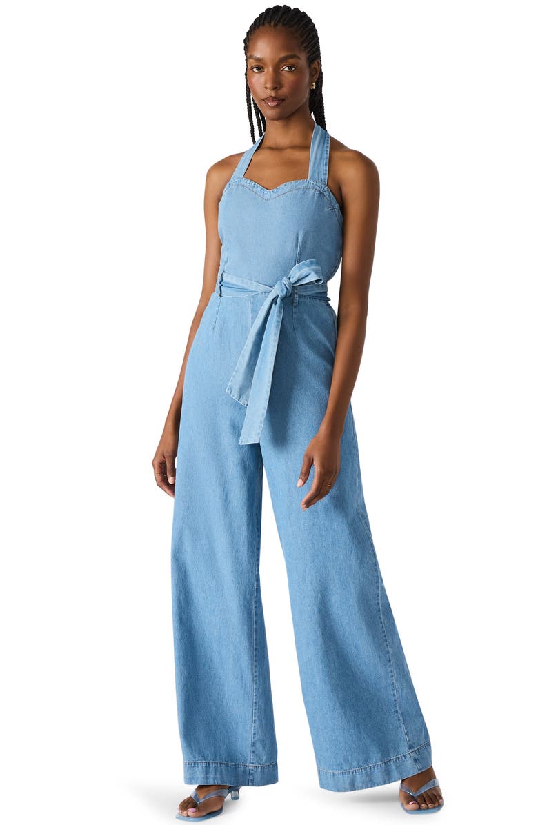 Steve Madden Artie Halter Neck Denim Jumpsuit, Alternate, color, Bijou Blue