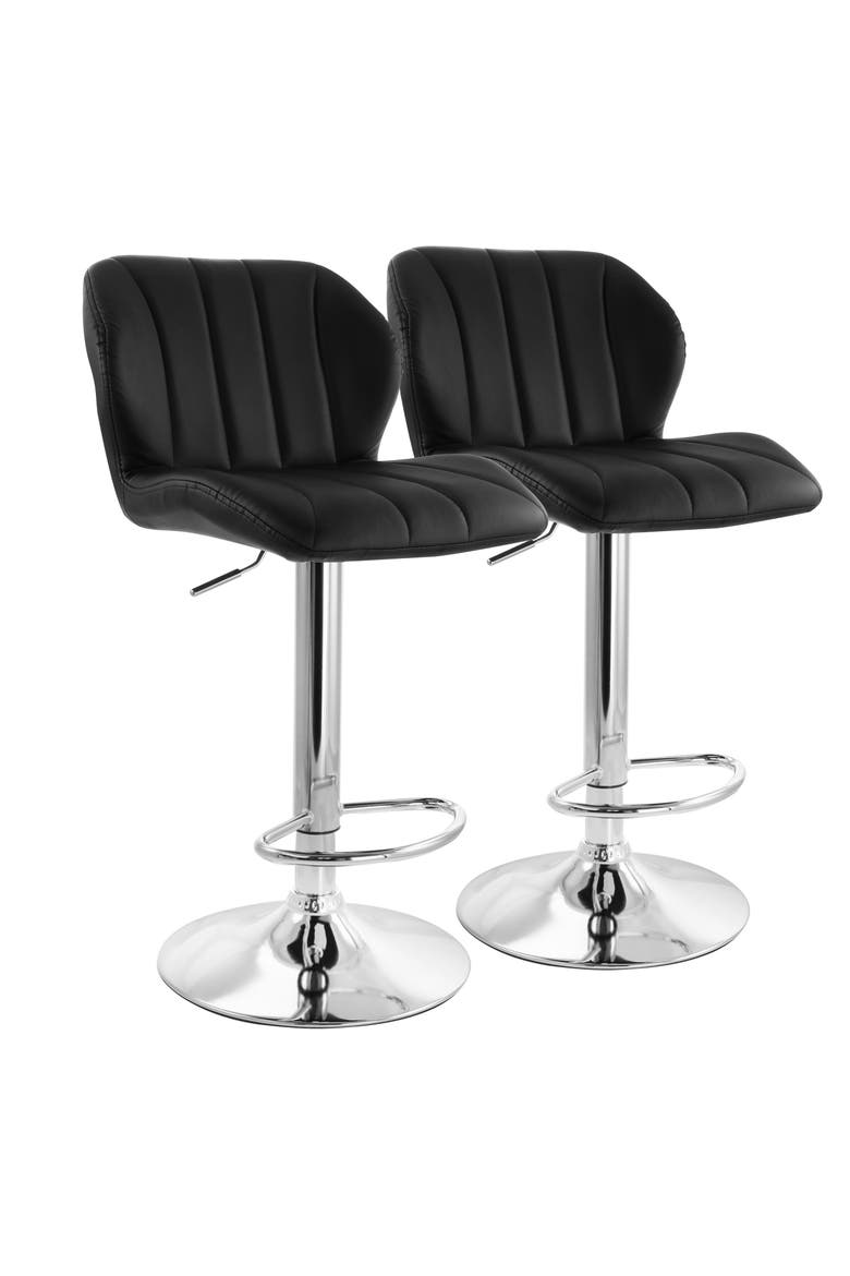 2 Piece Adjustable Striped Faux Leather Tufted Bar Stool, Main, color, Black