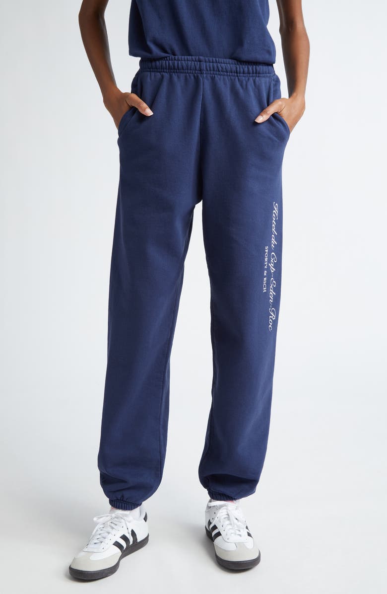 Sporty & Rich Hotel Du Cap Cursive Cotton Sweatpants, Main, color, 