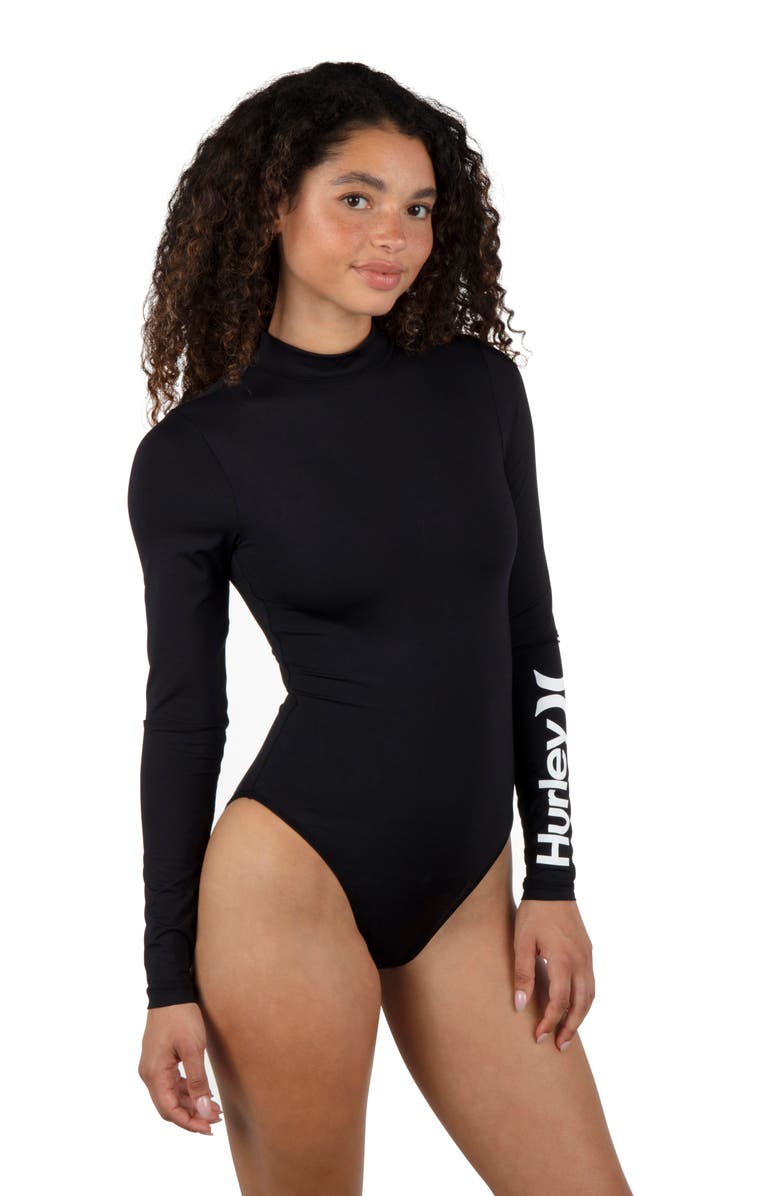 Hurley Oao Mock Neck Long Sleeve One-Piece Swimsuit, Alternate, color, Black