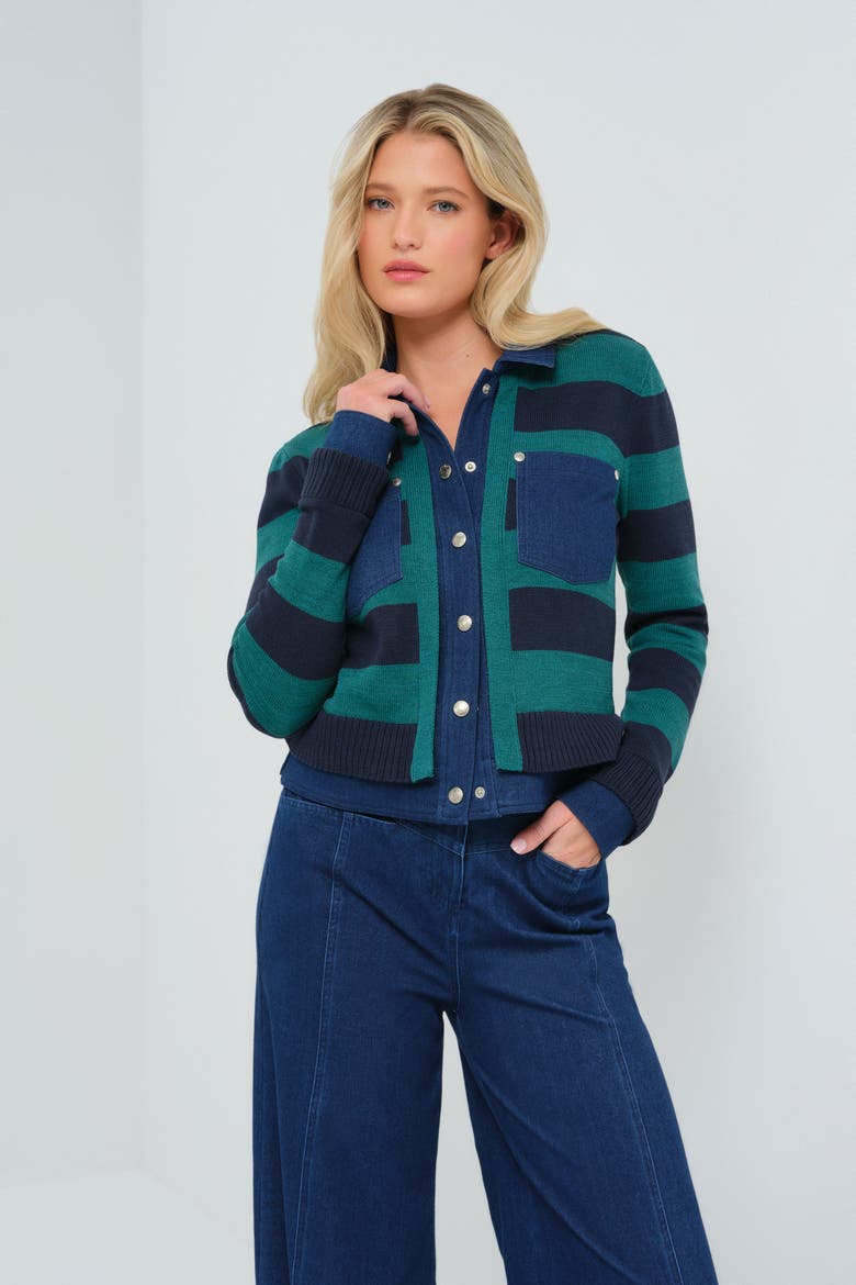 Sienna Sweater Knit & Performance Denim Trucker Jacket, Main, color, Navy/Pacific Dark Wash
