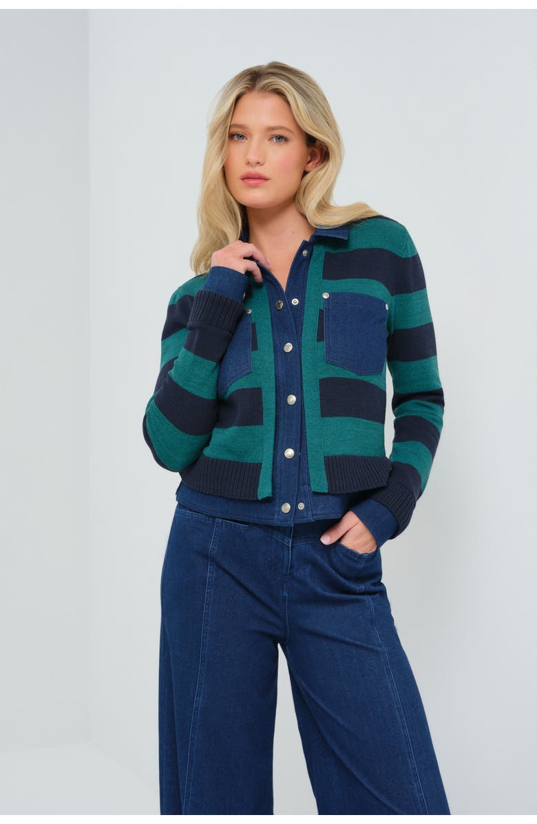 Anatomie Sienna Sweater Knit & Performance Denim Trucker Jacket, Main, color, Navy/Pacific Dark Wash