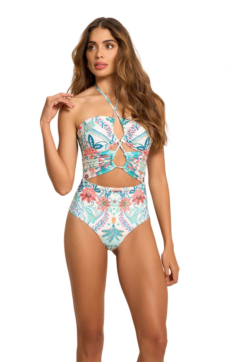 Cosita Linda Strappy Cutout One-Piece Swimsuit, Alternate, color, Aqua Multi