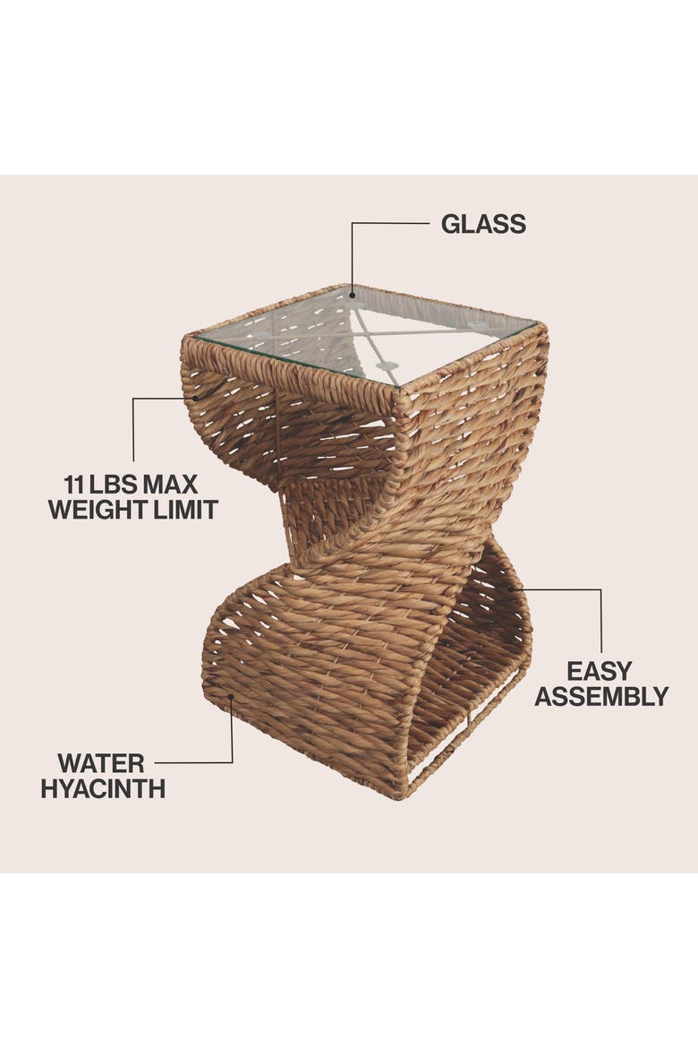Suraya Bohemian Woven Swirl Square End Table with Glass Top, Open Storage Shelf, Hourglass Accent Side Table, Alternate, color, Natural