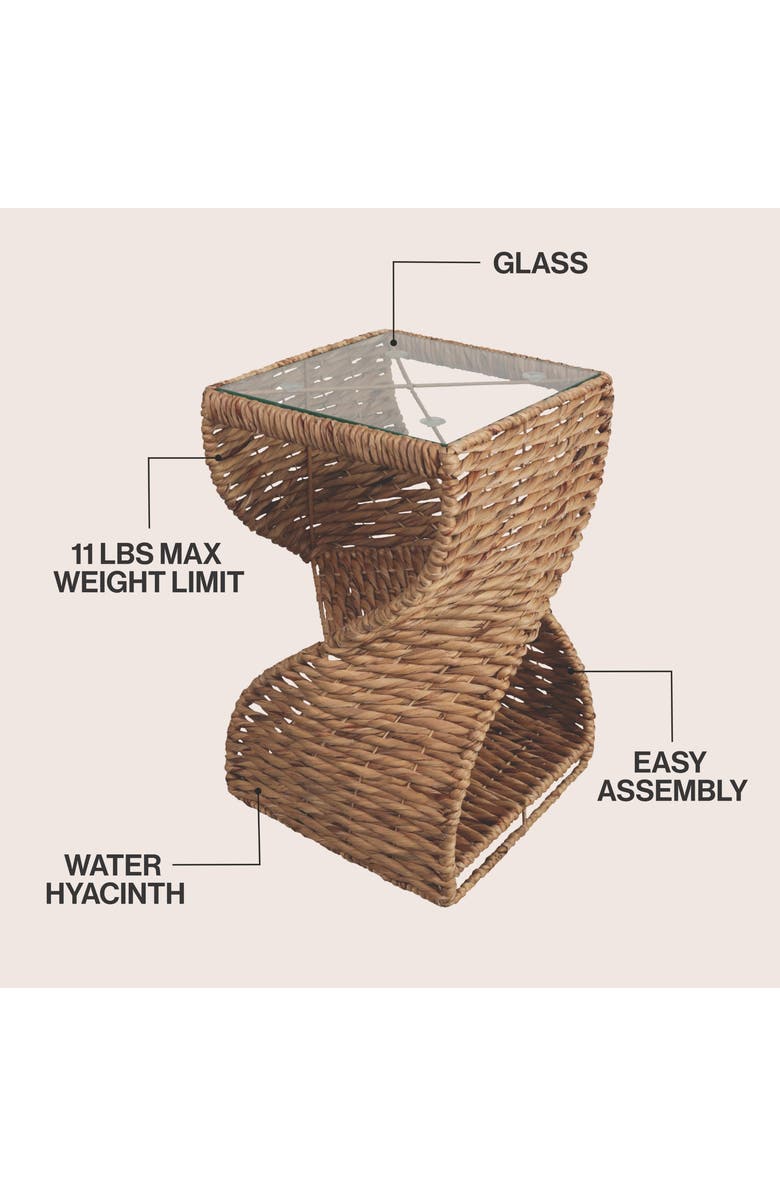 JONATHAN Y Suraya 14" Coastal Bohemian Handwoven Water Hyacinth Sculptural Twisted End Table with Glass Top and Storage Shelf, Alternate, color, Natural