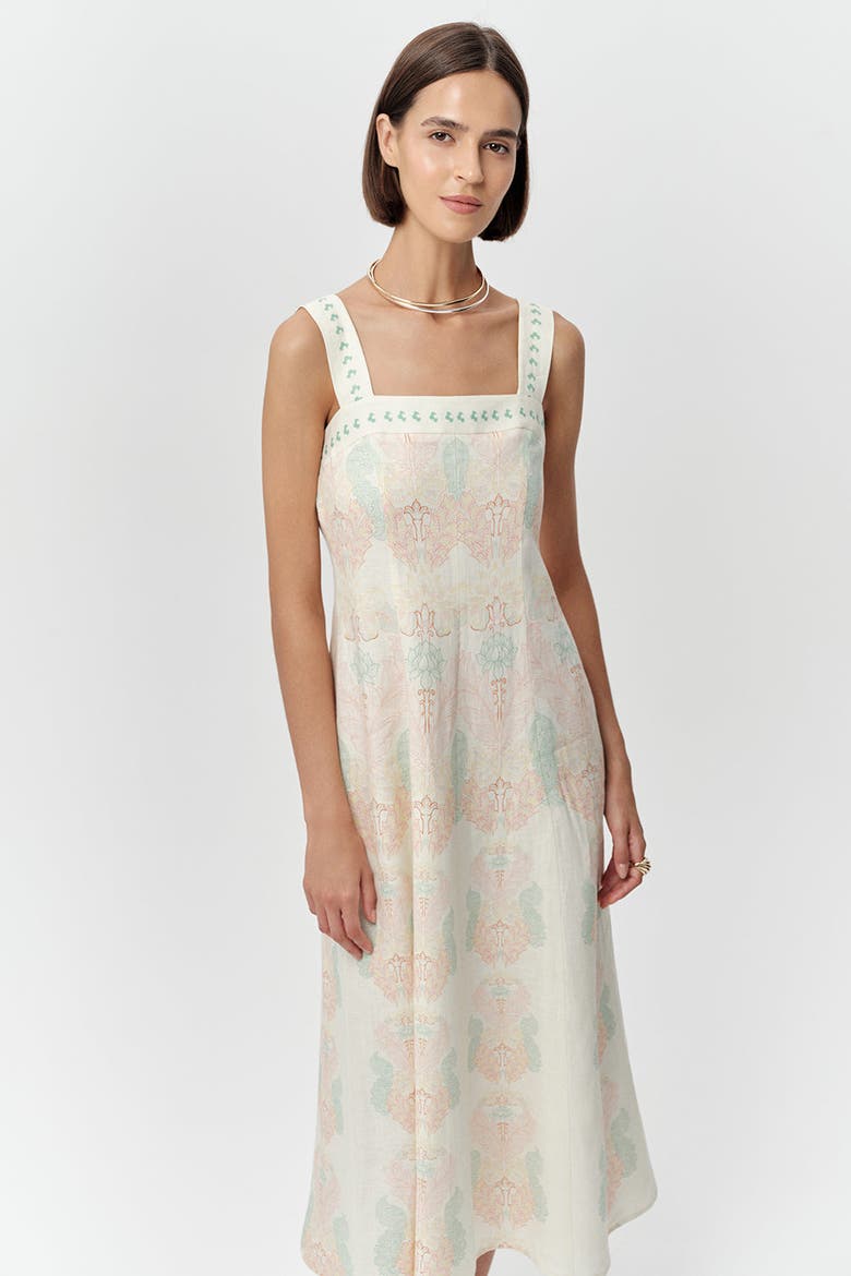 Elvis Square Neck Linen Midi Dress, Alternate, color, Multi Color