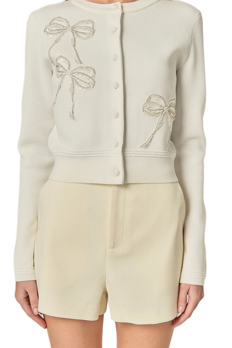 Embellished Bow Button Front Cardigan, Main, color, OFF WHITE