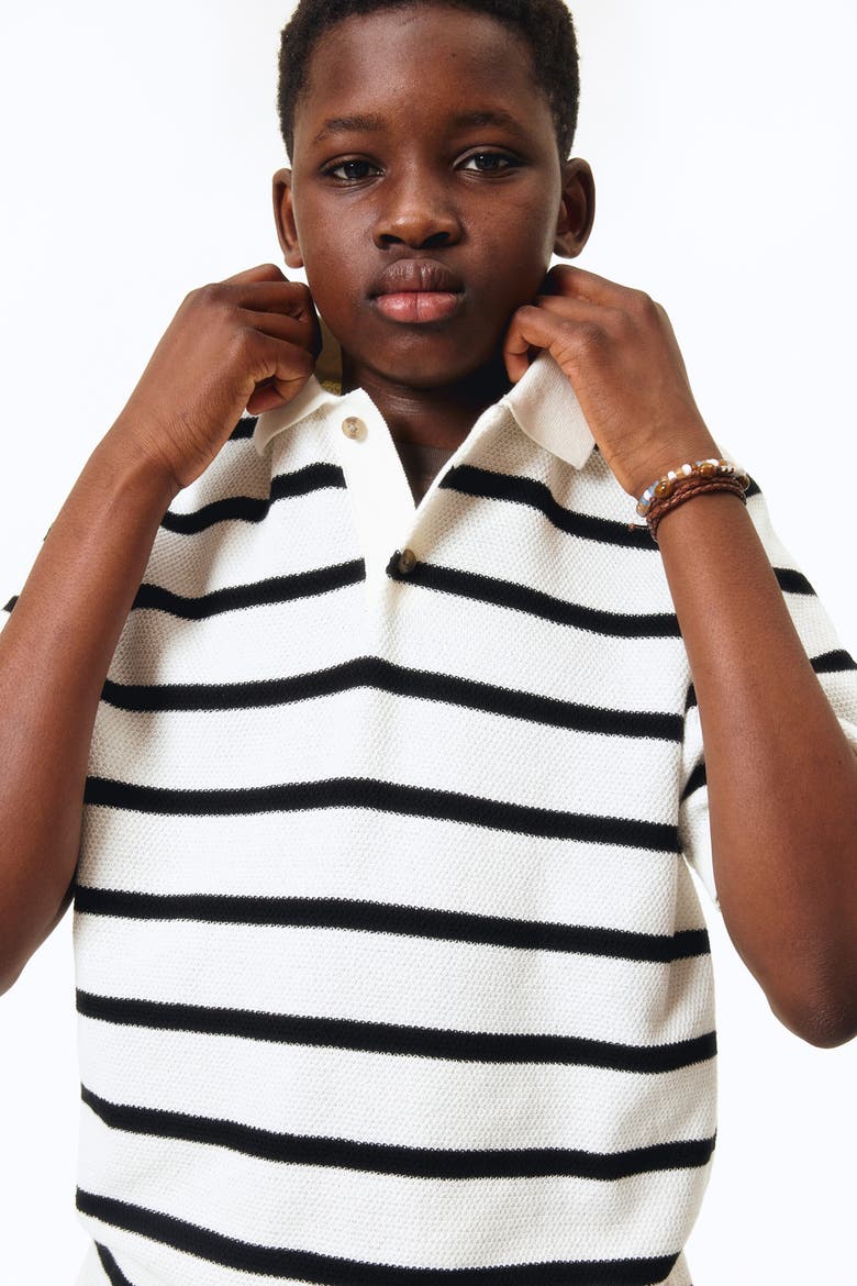 Waffle-knit Polo Shirt, Alternate, color, White/black striped