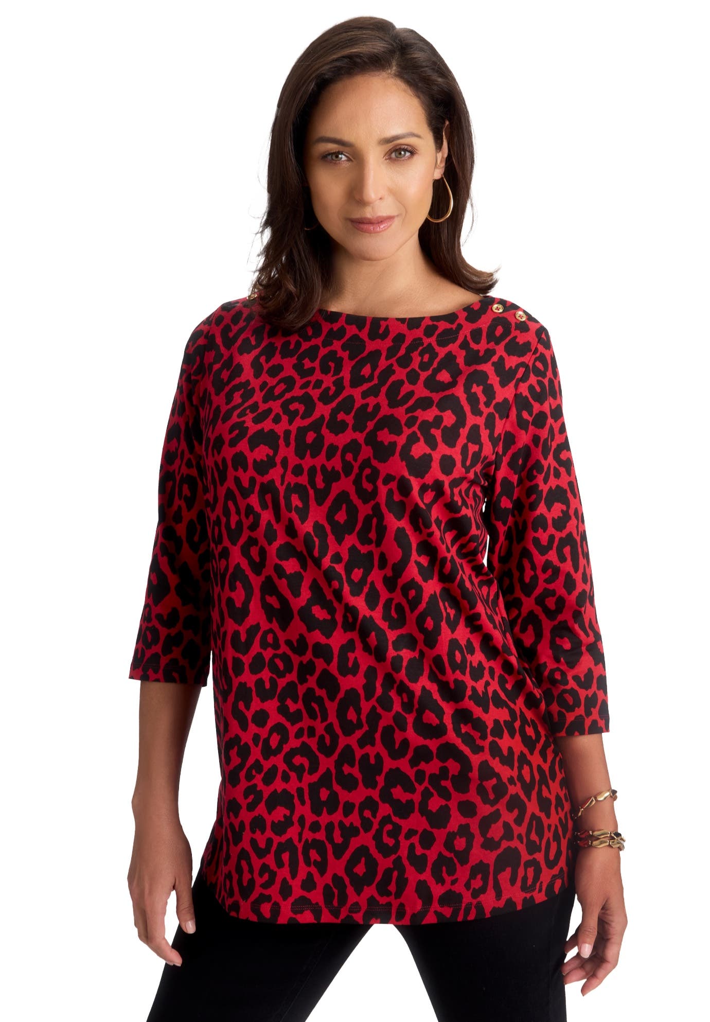 Jessica London Stretch Cotton Boatneck Tunic In Red Classic Cheetah