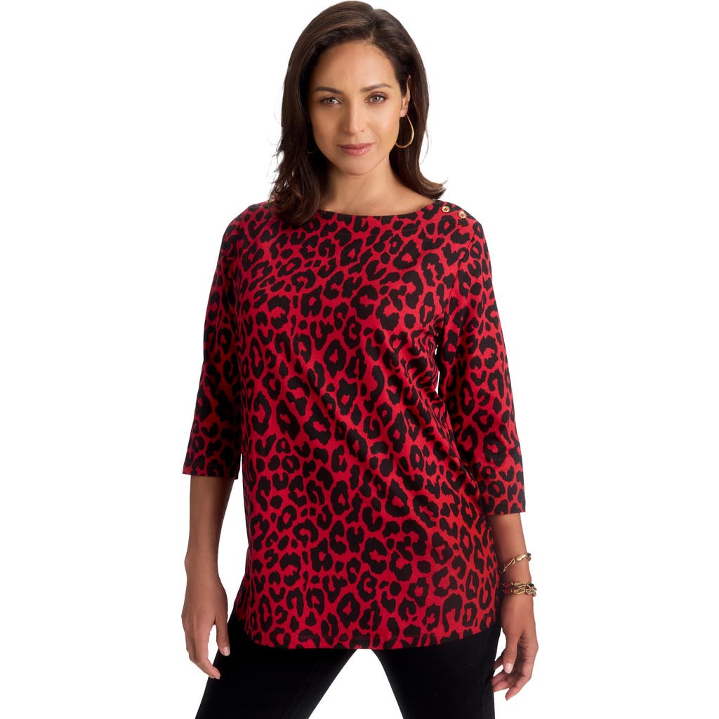 Jessica London Stretch Cotton Boatneck Tunic In Red Classic Cheetah