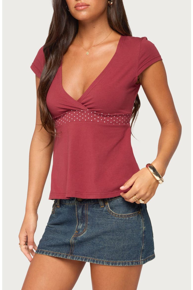 Arla Polka Dot V-Neck Top, Alternate, color, BURGUNDY