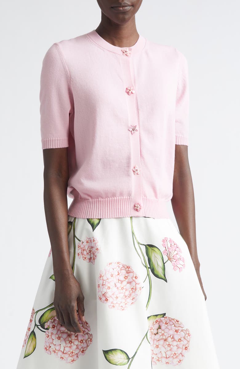 Oscar de la Renta Floral Button Crop Virgin Wool Cardigan, Main, color, Pink/ Pink