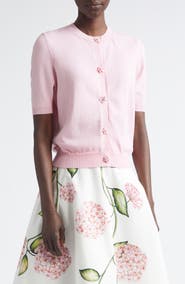 Oscar de la Renta Floral Button Crop Virgin Wool Cardigan
