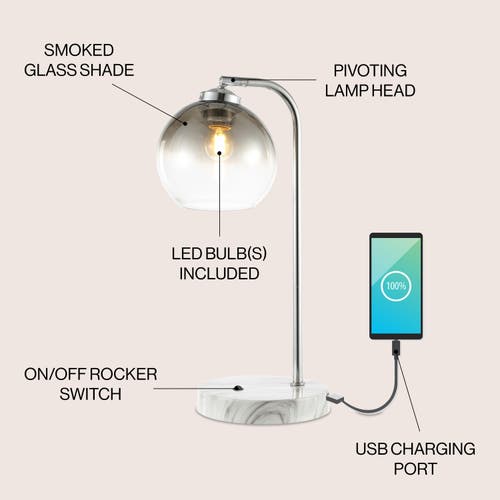 Jonathan Y Ada 20" Industrial Contemporary Iron/glass Led Task Lamp With Usb Charging Port, Chrome/s In Chrome