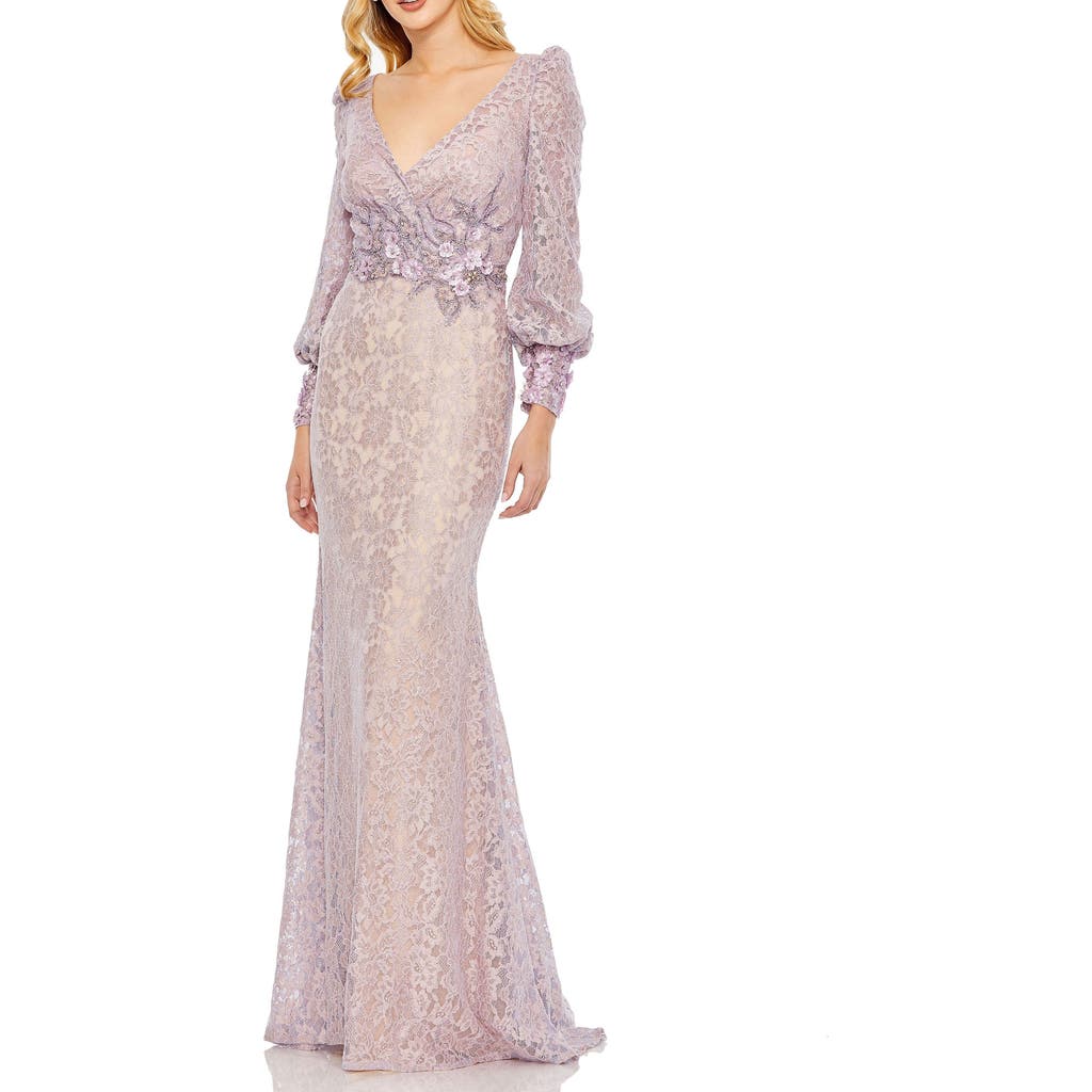 Mac Duggal Lace Long Sleeve V-neck Embellished Gown