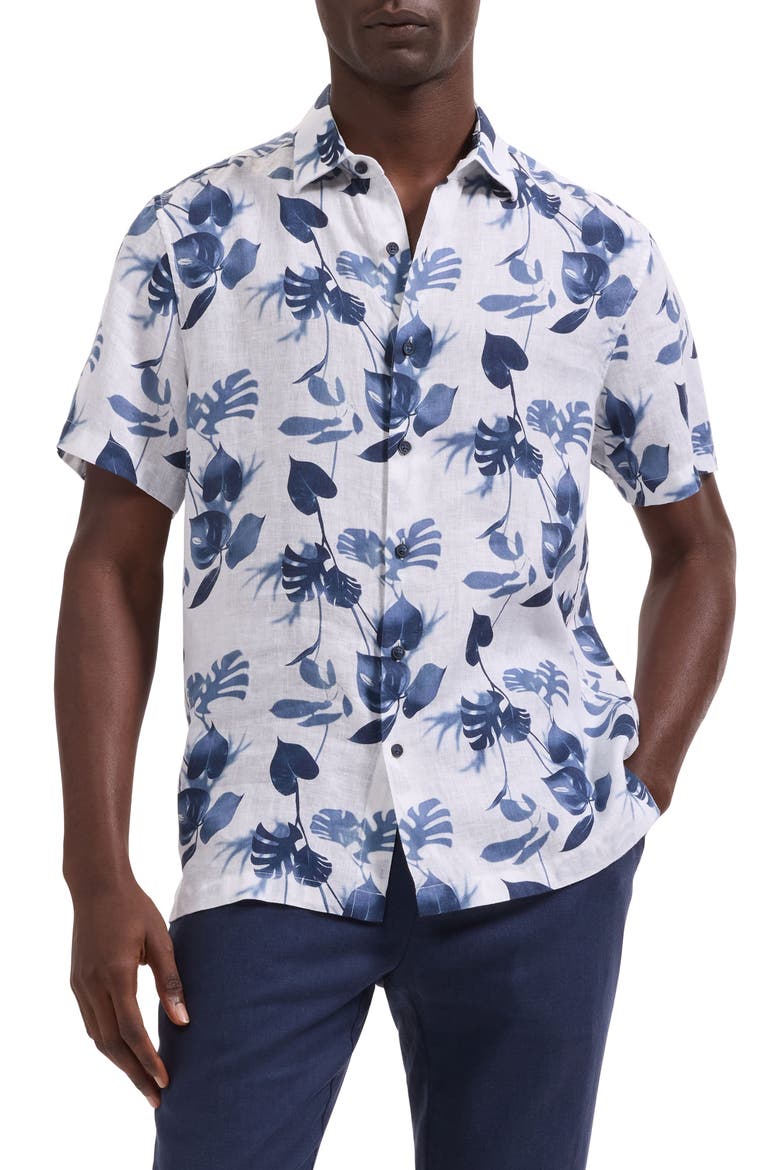 Orson Shaped Fit Leaf Print Short Sleeve Button-Up Shirt, Main, color, NAVY