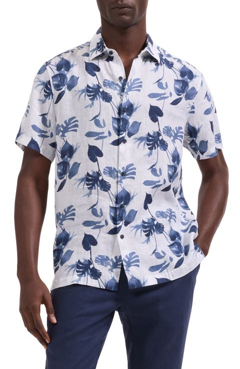 Orson Shaped Fit Leaf Print Short Sleeve Button-Up Shirt