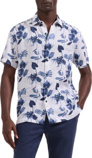 Bugatchi Orson Shaped Fit Leaf Print Short Sleeve Button-Up Shirt