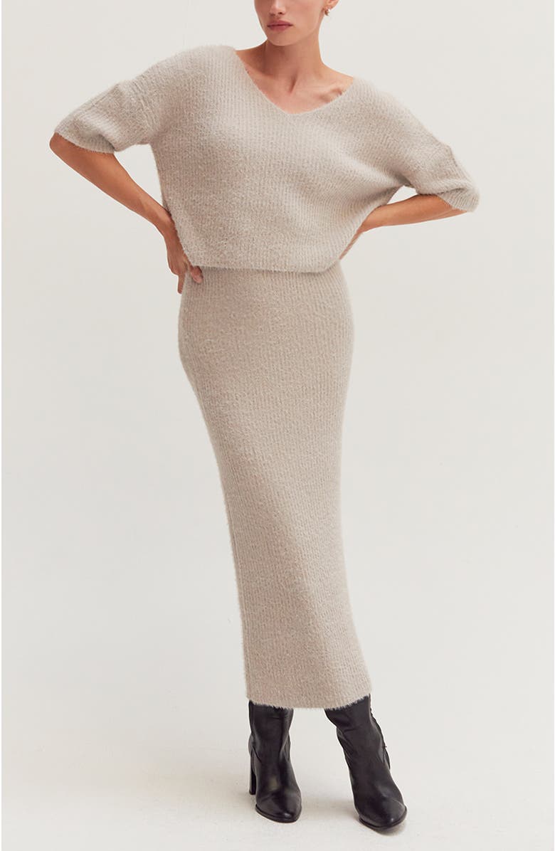 CRESCENT Fuzzy Top and Midi Skirt Set, Main, color, 