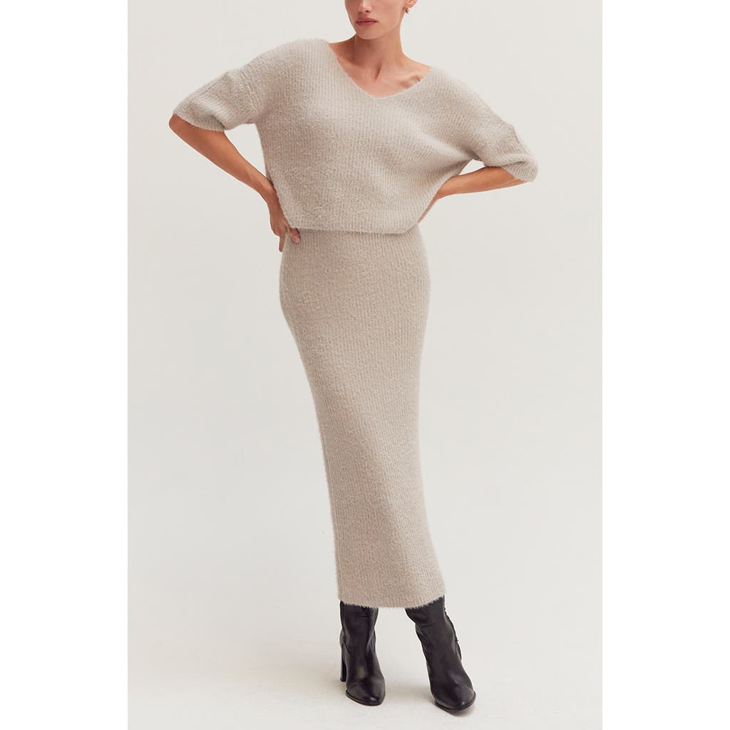 Crescent Fuzzy Top And Midi Skirt Set In Gray