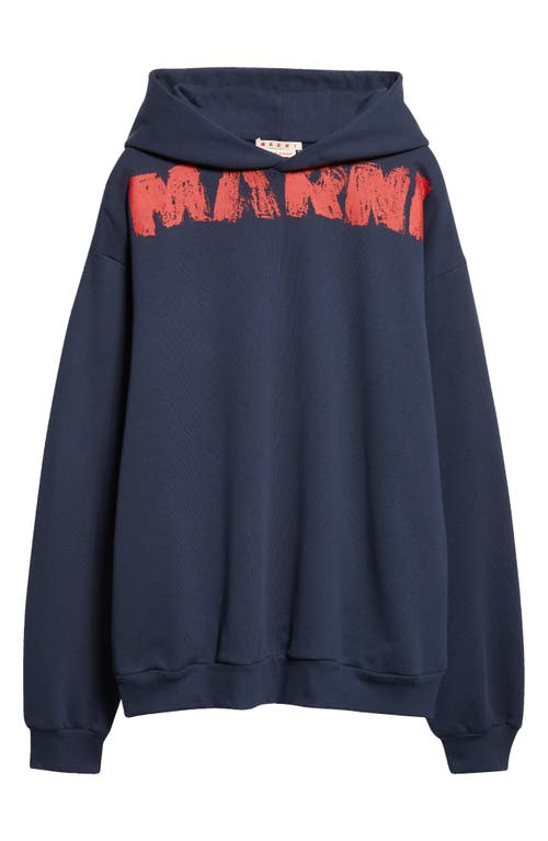 Marni Graphic Print Hooded Sweater With Ribbed Finish In Blue