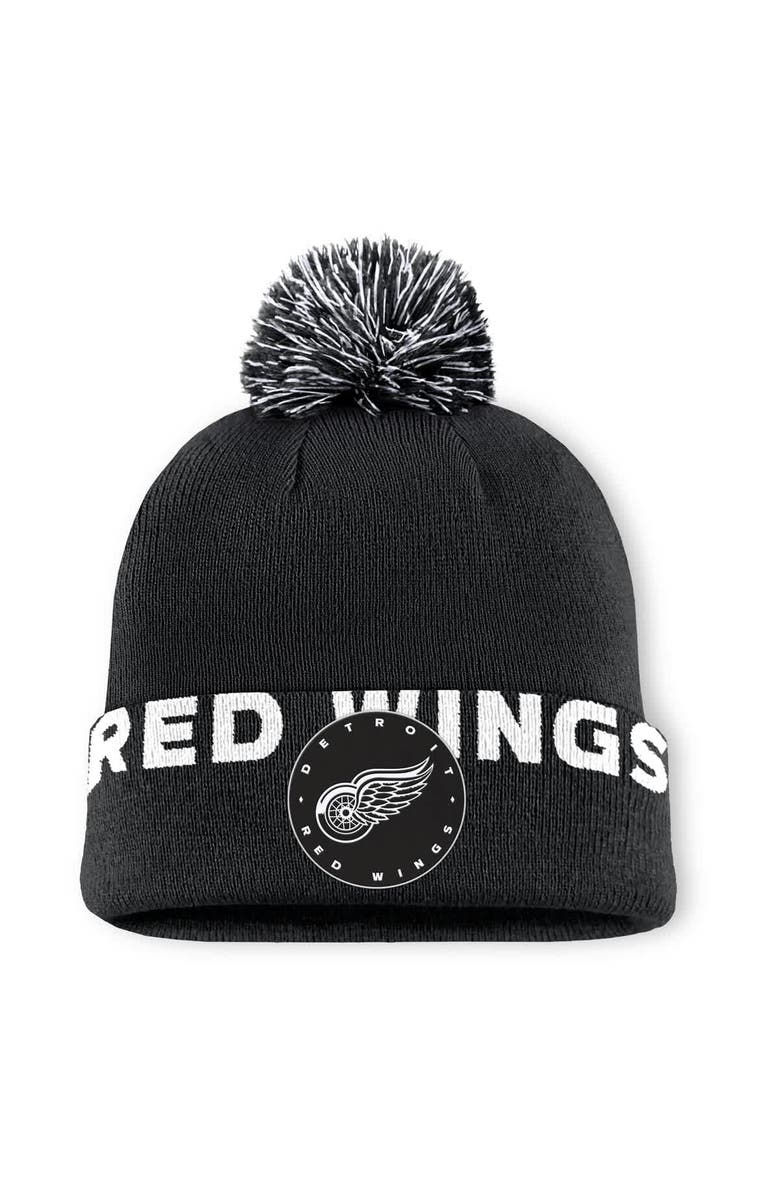 FANATICS Men's Fanatics  Black Detroit Red Wings Fundamental High Stick Cuffed Knit Hat with Pom, Main, color, Black