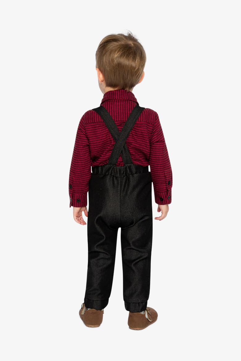 Button Front Bodysuit Suspender Pants Set, Alternate, color, Black and Red Houndstooth