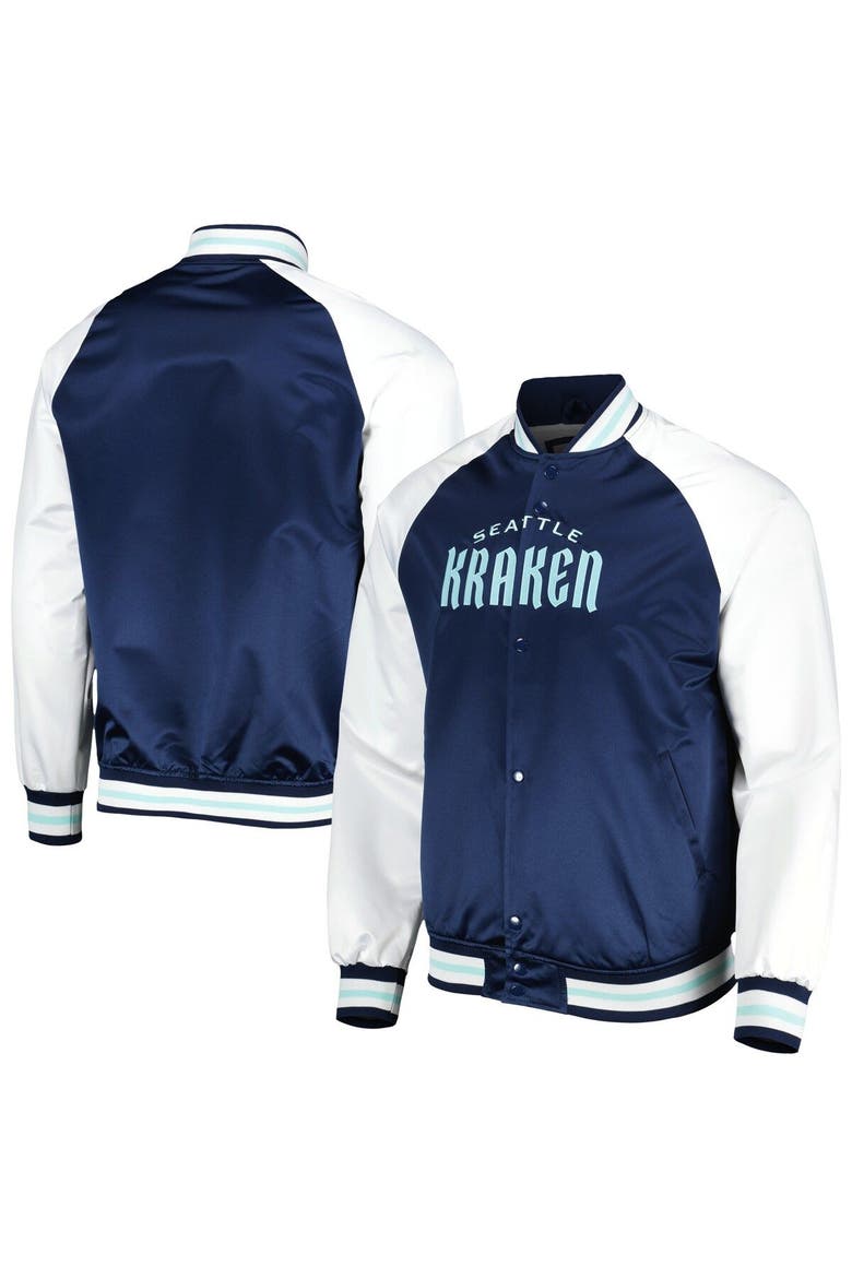 Men's Mitchell & Ness Deep Sea Blue/White Seattle Kraken Primetime Raglan Satin Full-Snap Jacket, Main, color, Navy