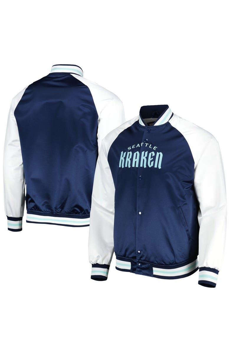 Mitchell & Ness Men's Mitchell & Ness Deep Sea Blue/White Seattle Kraken Primetime Raglan Satin Full-Snap Jacket, Main, color, Navy
