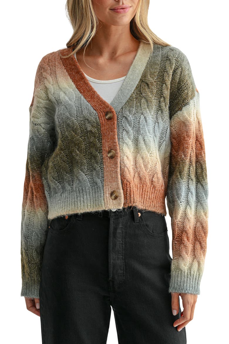 Ombré Cable Knit Cardigan, Main, color, OLIVE BROWN MULTI
