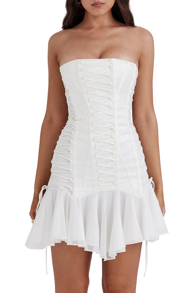 Sirena Strapless Ruffle Minidress, Alternate, color, WHITE