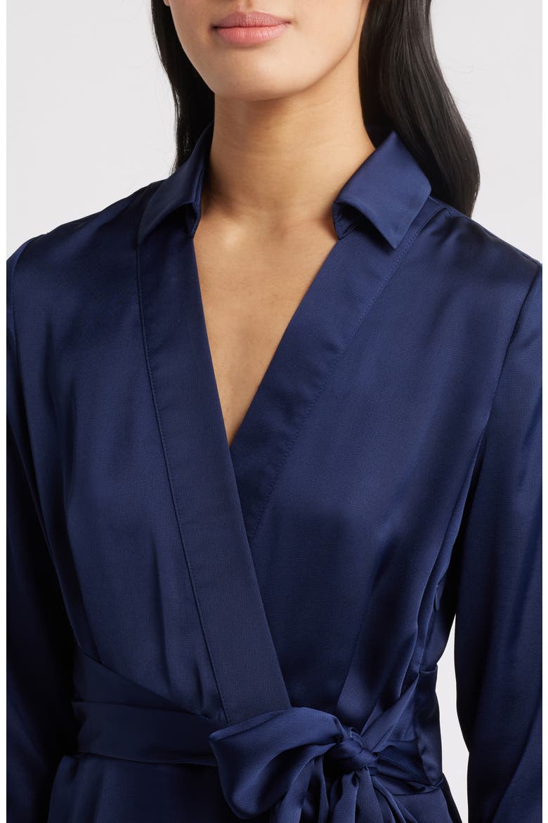 Long Sleeve Hammered Satin Wrap Front Shirtdress, Alternate, color, SPRING NAVY