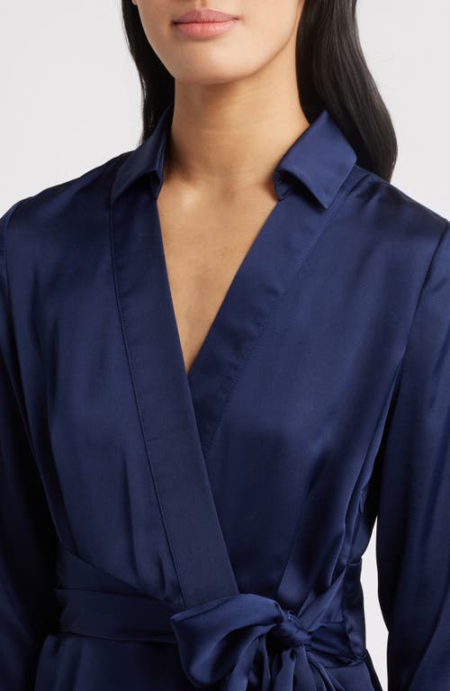 Tahari Asl Long Sleeve Hammered Satin Wrap Front Shirtdress In Spring Navy