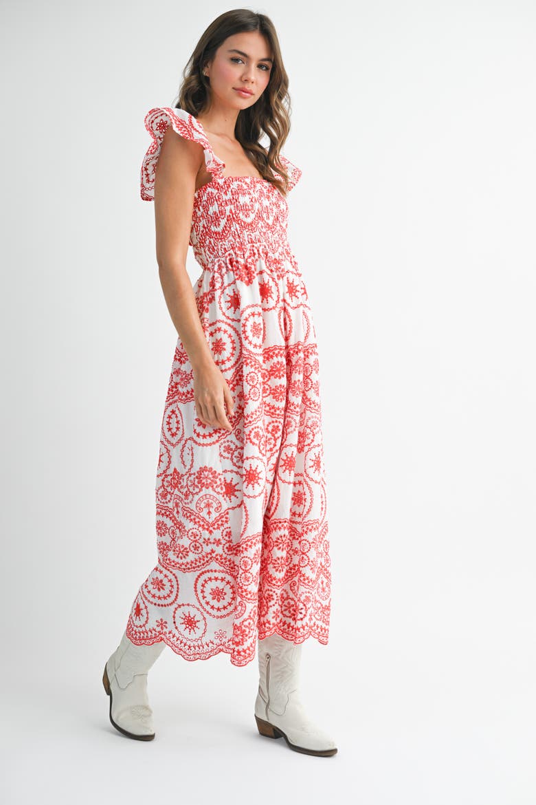 Embroidered Smocked Cutout Midi Dress, Alternate, color, Red
