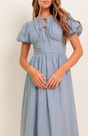 Split Neck Puff Sleeve Midi Dress