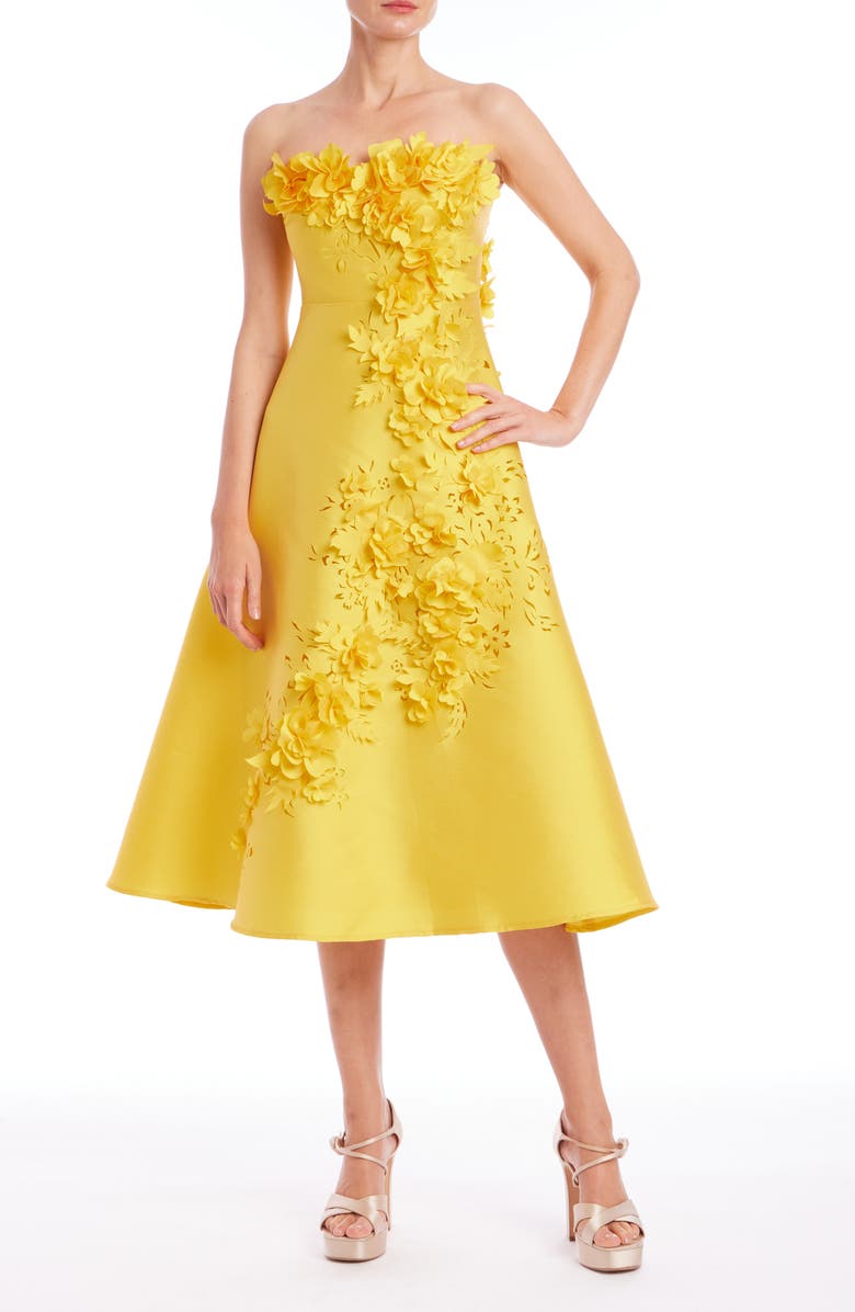 Badgley Mischka Collection Floral Appliqué Strapless Cocktail Dress, Main, color, Marigold