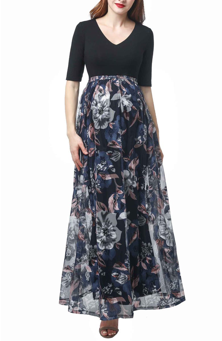 Kimi & Kai Annabelle V-Neck Mesh Print Maternity Maxi Dress, Main, color, Multicolored
