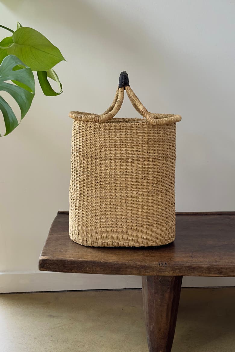 Handwoven Double Weave Pot Basket with Black Leather Handle, Alternate, color, Natural